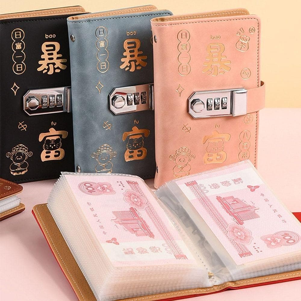 Forever 100 ซองประหยัดเงิน Challenge ประหยัดเงินพร้อมรหัสผ่านล็อค Mini Binder Saving Challenge, ตลก PU รวยค้างคืนแผ่นออมทรัพย์แบบใช้ซ้ําได้เด็ก รูปที่ 8
