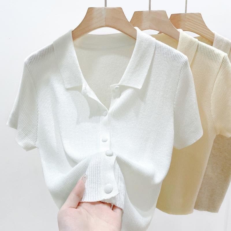 ฤดูร้อนใหม่เอวสูงสั้นพอดีคอโปโลถักด้านบนบางสีขาวแขนสั้นเสื้อยืด รูปที่ 9