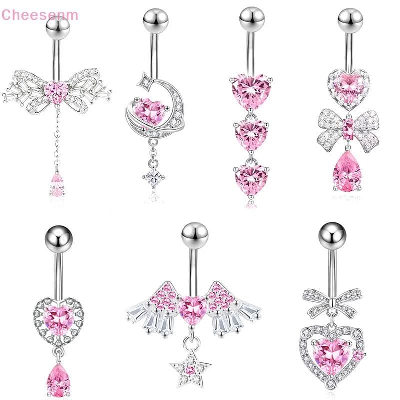 Cheenm สีชมพู Zircon Belly ปุ่มแหวนสแตนเลสหัวใจ Navel เจาะ Barbell สําหรับผู้หญิง Beach Belly แหวนเครื่องประดับ TH รูปที่ 2