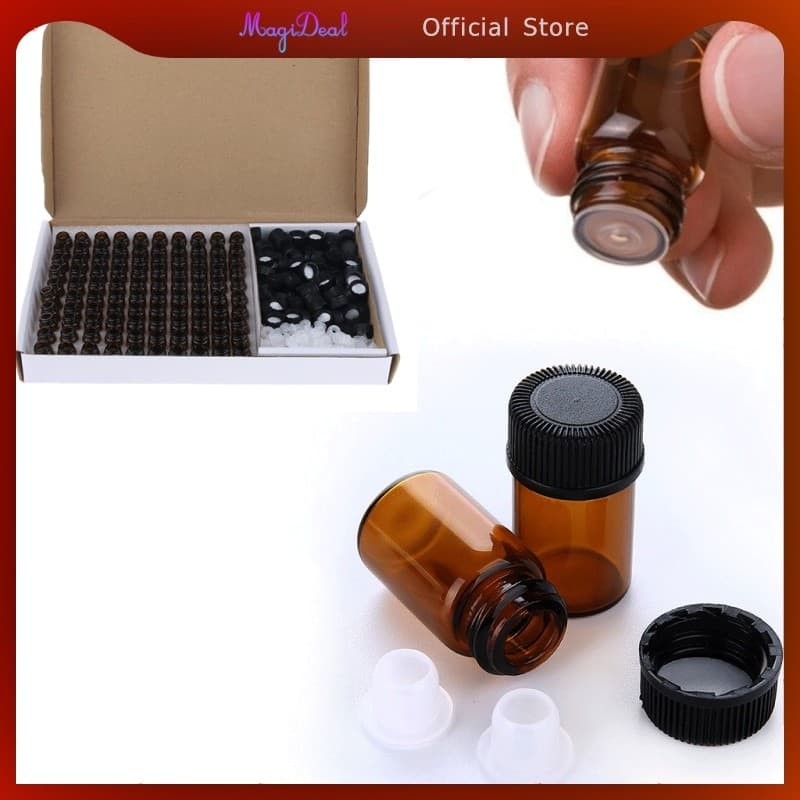 MagiDeal ขวดแก้วสีเหลืองอําพัน 100 ชิ้นพร้อมเครื่องลดออกซิเจนน้ํามันหอมระเหยขนาดเล็ก Vials 1ml รูปที่ 4