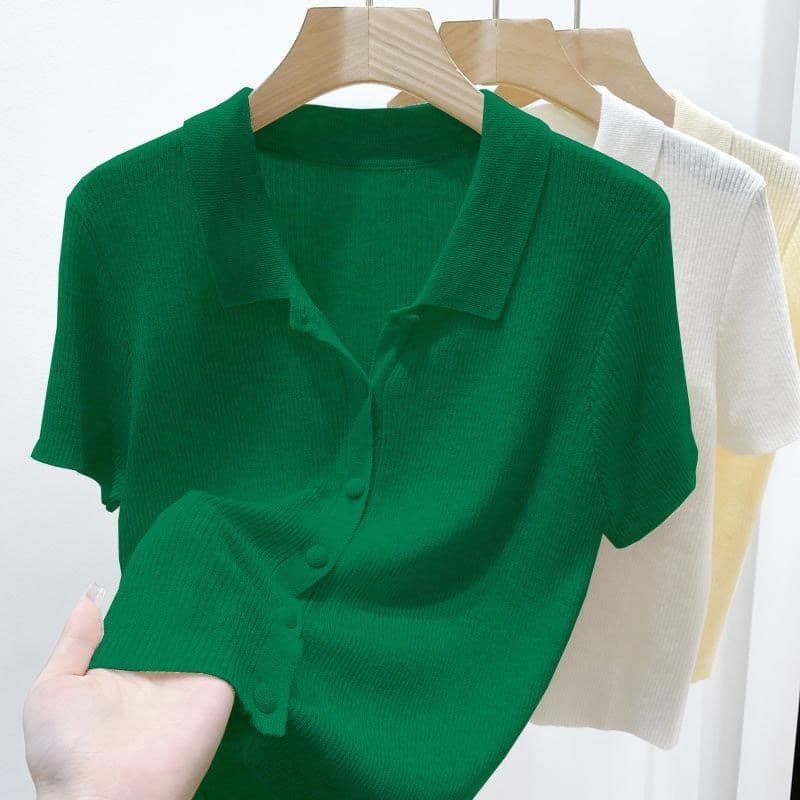ฤดูร้อนใหม่เอวสูงสั้นพอดีคอโปโลถักด้านบนบางสีขาวแขนสั้นเสื้อยืด รูปที่ 4