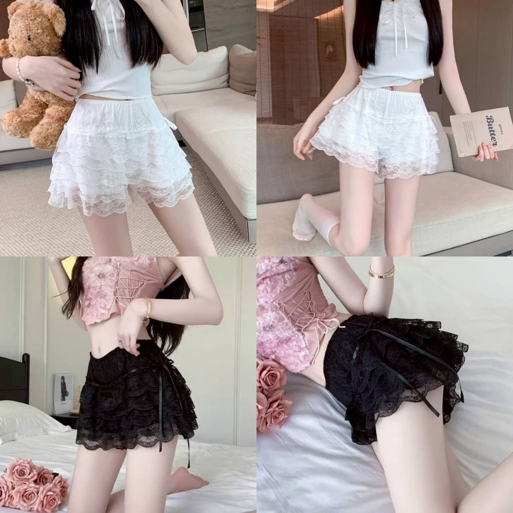 Cilset กางเกงขาสั้น เงสม๊อคยืด สีพื้น ดีเทลลูกไม้ แต่งชั้นๆ ผ้าใส่สบาย /KK1158 รูปที่ 9