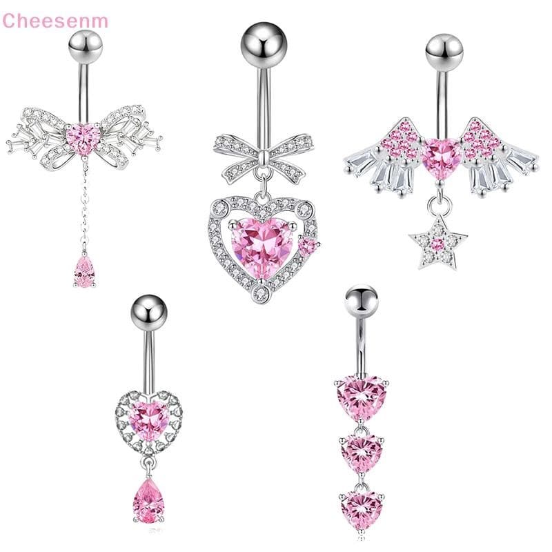 Cheenm สีชมพู Zircon Belly ปุ่มแหวนสแตนเลสหัวใจ Navel เจาะ Barbell สําหรับผู้หญิง Beach Belly แหวนเครื่องประดับ TH รูปที่ 5