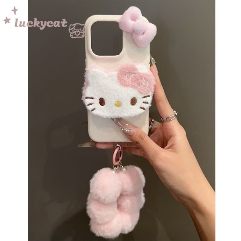 Iphone 16 15 14 13 12 11 Pro Max X Xr Xs Max เคสโทรศัพท์น่ารัก 3D DIY สีชมพูฤดูหนาวตุ๊กตาสีชมพูโบว์ KT Cat + Lanyard หนังนุ่มปกหลัง รูปที่ 5