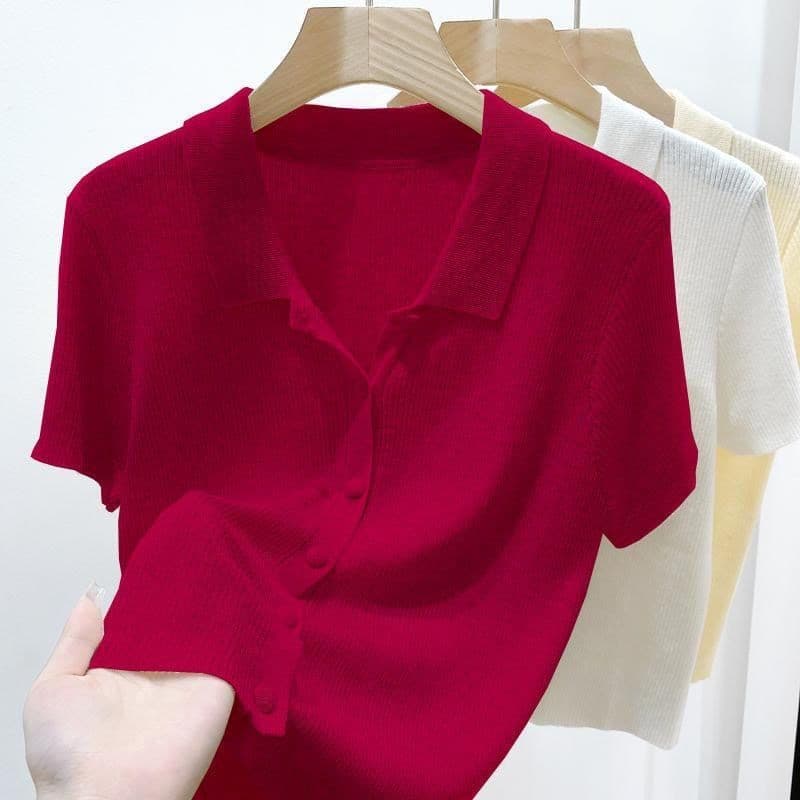ฤดูร้อนใหม่เอวสูงสั้นพอดีคอโปโลถักด้านบนบางสีขาวแขนสั้นเสื้อยืด รูปที่ 5