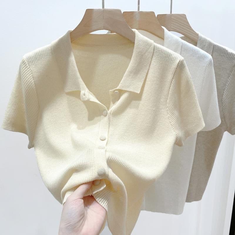ฤดูร้อนใหม่เอวสูงสั้นพอดีคอโปโลถักด้านบนบางสีขาวแขนสั้นเสื้อยืด รูปที่ 8