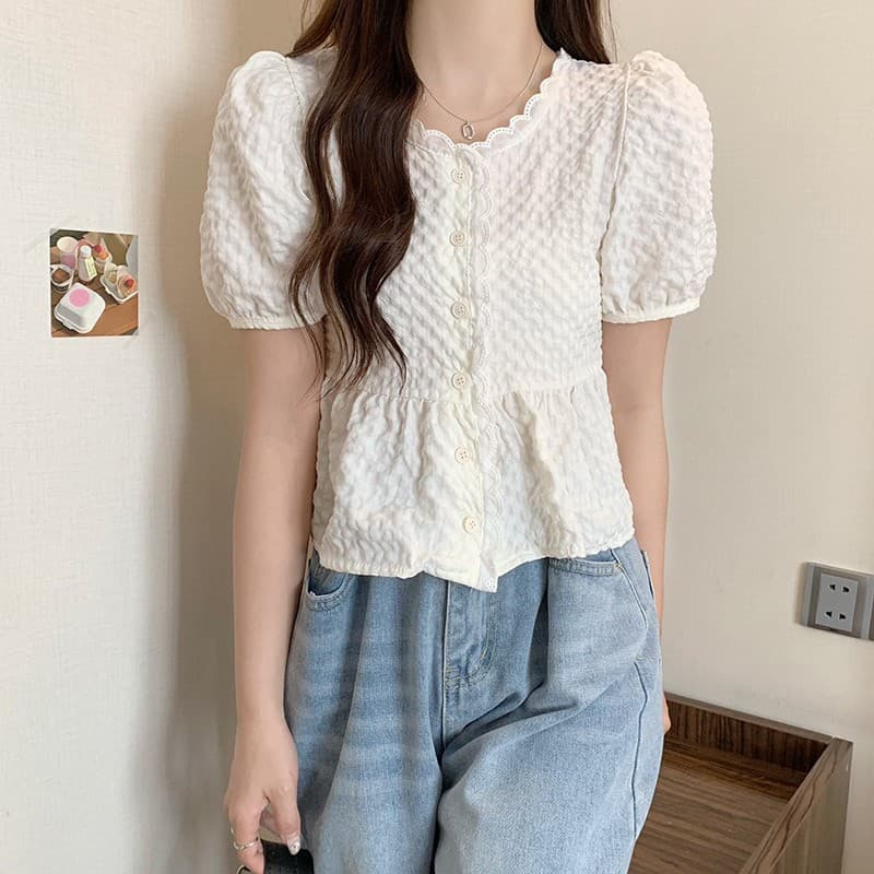 Pink girl เสื้อไหมแขนสั้น ไหมพรมทรงเกาหลีคอเสื้อแต่งลายลูกไม้น่ารักมาก "60109" รูปที่ 6