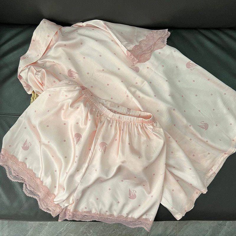 ชุดนอนผ้าไหมน้ําแข็งผู้หญิงฤดูร้อนสไตล์บางลูกไม้เย็นแขนสั้น High-End Homewear สูทรุ่นคุณภาพสูง รูปที่ 3