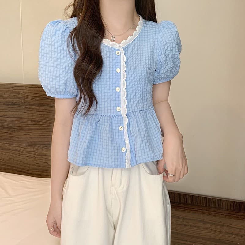 Pink girl เสื้อไหมแขนสั้น ไหมพรมทรงเกาหลีคอเสื้อแต่งลายลูกไม้น่ารักมาก "60109" รูปที่ 3
