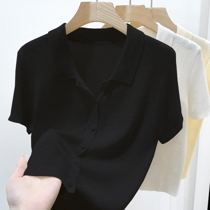 ฤดูร้อนใหม่เอวสูงสั้นพอดีคอโปโลถักด้านบนบางสีขาวแขนสั้นเสื้อยืด รูปที่ 6