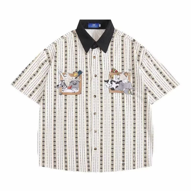 SUIKONE ซุยโคเนะ ญี่ปุ่นย้อนยุคการ์ตูนปักแนวตั้งลายเสื้อแขนสั้นฤดูร้อนผู้ชายและผู้หญิงเสื้อลําลองหลวม รูปที่ 7