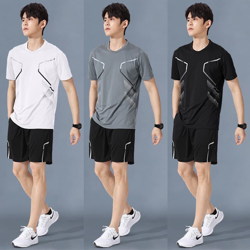 2026 ผู้ชายกีฬาเสื้อยืดและกางเกงขาสั้นชุดแห้งเร็วระบายอากาศฟิตเนสยิมวิ่ง/บาสเกตบอล/แบดมินตันการฝึกอบรม การทําตัวให้ผอม ฟิตเนสเสื้อผ้าสีดําและสีขาวสีเทา รูปที่ 1