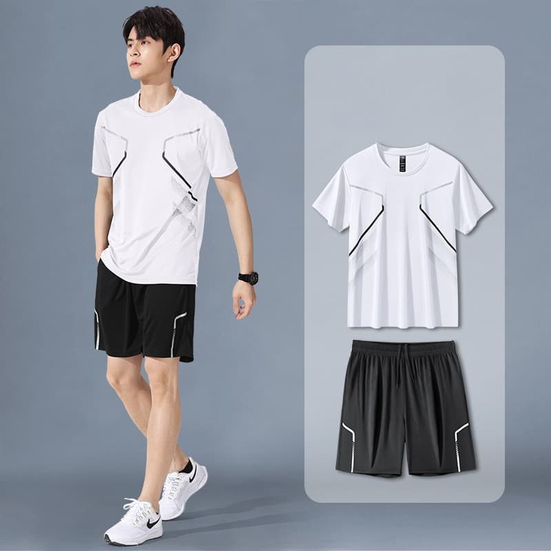 2026 ผู้ชายกีฬาเสื้อยืดและกางเกงขาสั้นชุดแห้งเร็วระบายอากาศฟิตเนสยิมวิ่ง/บาสเกตบอล/แบดมินตันการฝึกอบรม การทําตัวให้ผอม ฟิตเนสเสื้อผ้าสีดําและสีขาวสีเทา รูปที่ 3