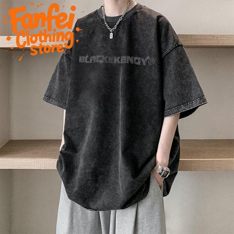 Fanfei ผ้าคอตตอน100% เสื้อยืดผ้าฟอก oversize เสื้อคู่ลำลองทรงพิมพ์ล รูปที่ 1