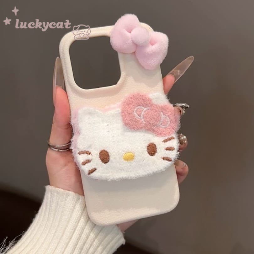 Iphone 16 15 14 13 12 11 Pro Max X Xr Xs Max เคสโทรศัพท์น่ารัก 3D DIY สีชมพูฤดูหนาวตุ๊กตาสีชมพูโบว์ KT Cat + Lanyard หนังนุ่มปกหลัง รูปที่ 6