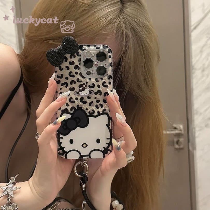 Iphone 16 15 14 13 12 11 Pro Max X Xr Xs Max 7 8 Plus SE2020 เคสโทรศัพท์ Ins เสือดาวพิมพ์ KT Cat Diamonds Bow Clear Soft Cover รูปที่ 3