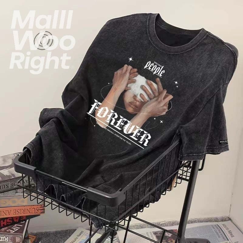 HY trendy menswear เสื้อยืดฟอก oversize เสื้อยืดชายเท่ๆ ด้านบนคอกลมผ้าฝ้ายแฟชั่นสีดำ T1285 รูปที่ 6