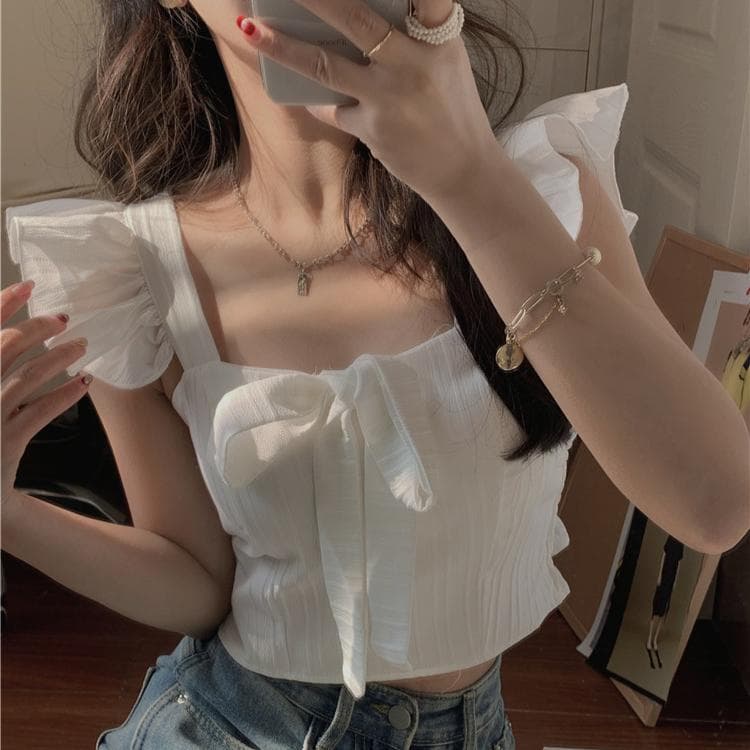 เสื้อครอปคอกลมแขนกุด แต่งโบว์ แขนระบาย คอเหลี่ยม สไตล์ฝรั่งเศส สุดน่ารัก รูปที่ 6