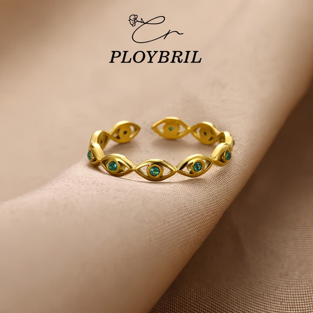 PLOYBRIL แหวนตาปิศาจเคลือบทองคำ 18K ฝังหินซิทรอน สำหรับหญิง ไม่อักเสบ สีไม่ตก J010 รูปที่ 2