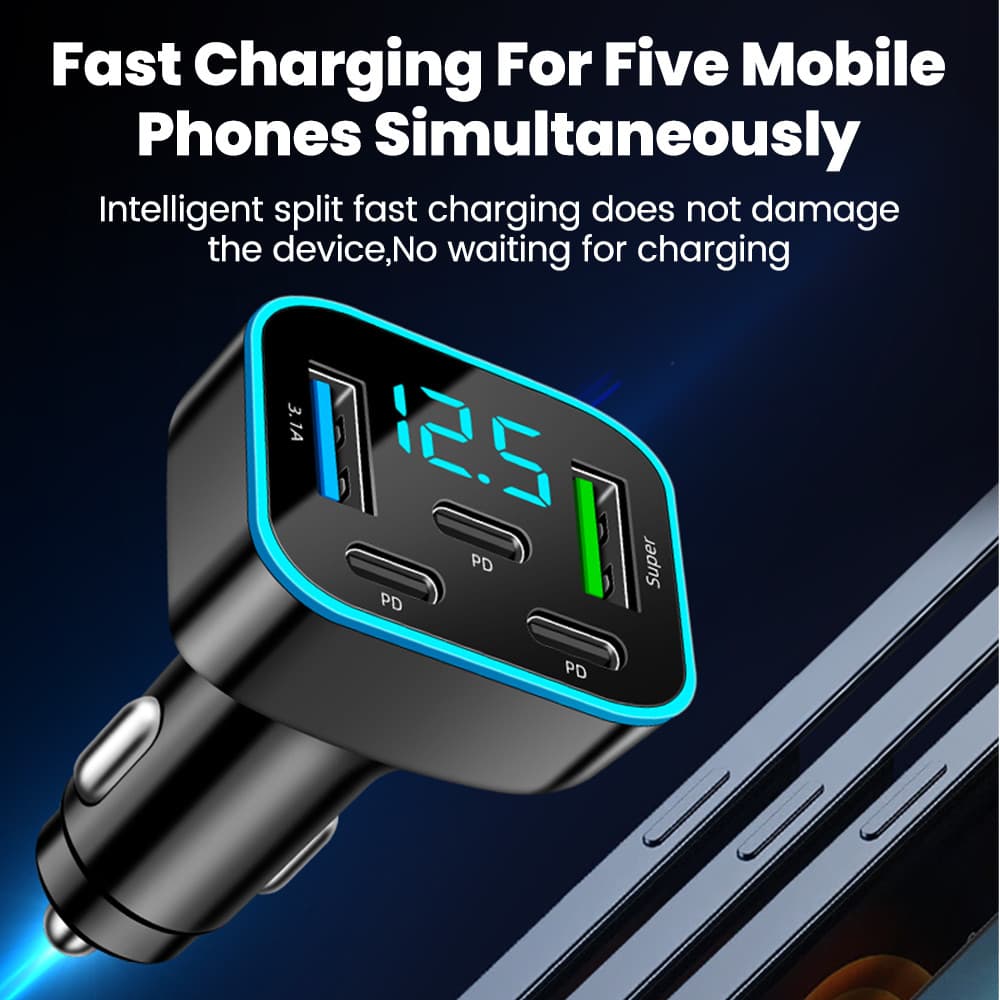 ที่ชาร์จในรถยนต์แบบ 5 พอร์ต 66W ชาร์จเร็ว 2USB 3Type C PD QC3.0 อะแดปเตอร์ชาร์จโทรศัพท์ในรถ รูปที่ 3