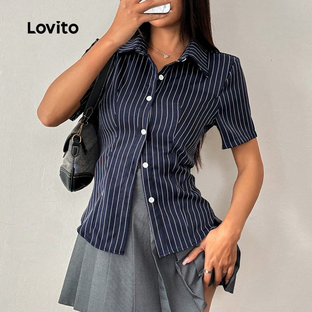 Lovito แคชชวล เสื้อลายปุ่มด้านหน้ารอบฤดูร้อน/ฤดูใบไม้ผลิเสื้อสําหรับผู้หญิง LBL23387 รูปที่ 2