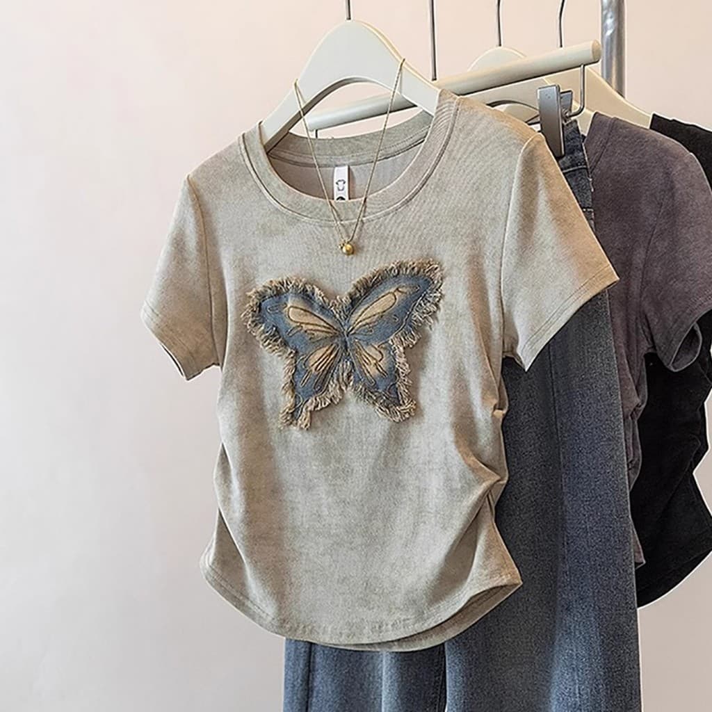 เสื้อยืดแขนสั้นลายจีบแบบเกาหลี,เสื้อยืดผู้หญิง คอกลม เข้ารูป ใส่สบาย รูปที่ 1