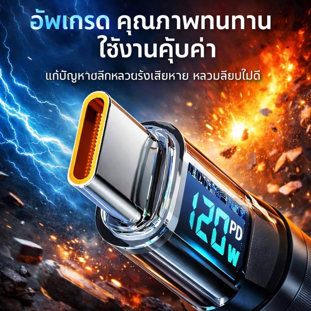 สายชาร์จเร็ว 120W สายถักมีจอ LED บอกวัตต์ ดีไซน์โปร่งใส ชาร์จไว Type-C / L 1m 2m รูปที่ 7