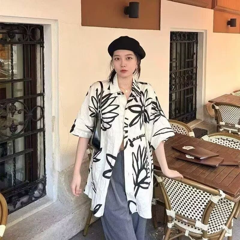 MEFEEE เสื้อโปโลผู้ชาย คอคิวบา ผ้าฝ้ายพรีเมียม ลายดอกไม้สไตล์วินเทจเกาหลี ระบายอากาศได้ ใส่สบาย รูปที่ 6