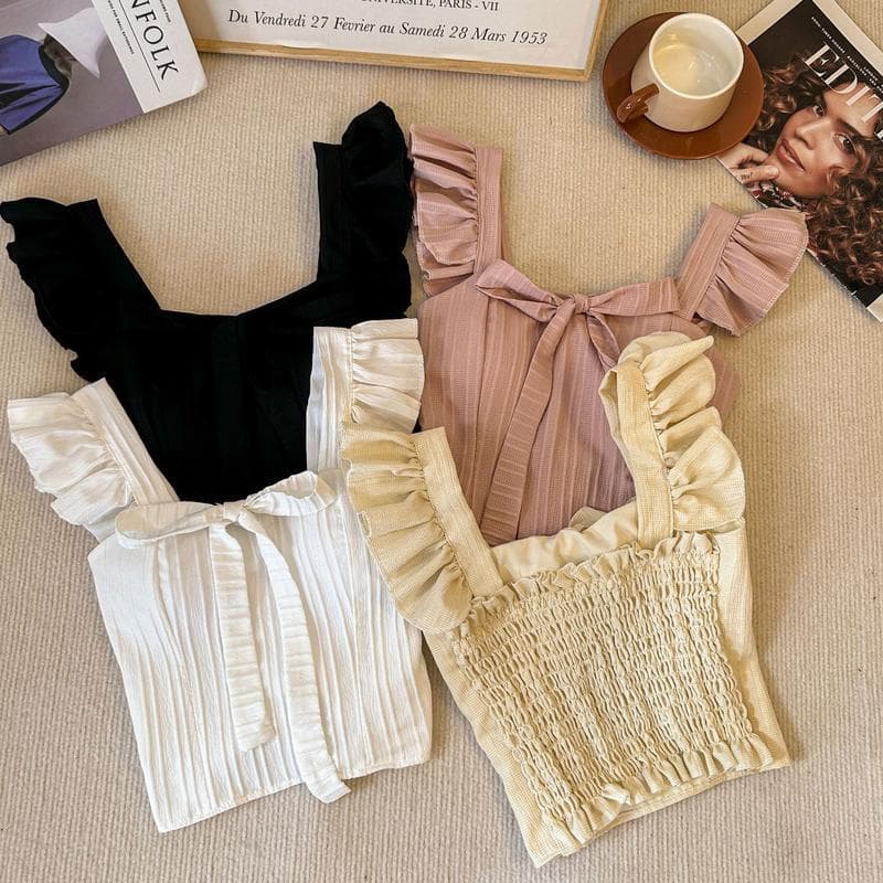 เสื้อครอปคอกลมแขนกุด แต่งโบว์ แขนระบาย คอเหลี่ยม สไตล์ฝรั่งเศส สุดน่ารัก รูปที่ 1