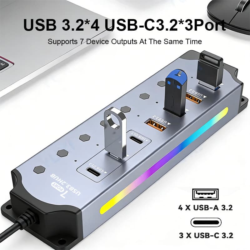 Actual USB HUB 7 พอร์ต USB 3.2 Gen2 + Type-C ความเร็ว 10Gbps มีสวิตช์แยก รองรับชาร์จและโอนข้อมูล สำหรับ Laptop/PC รูปที่ 2