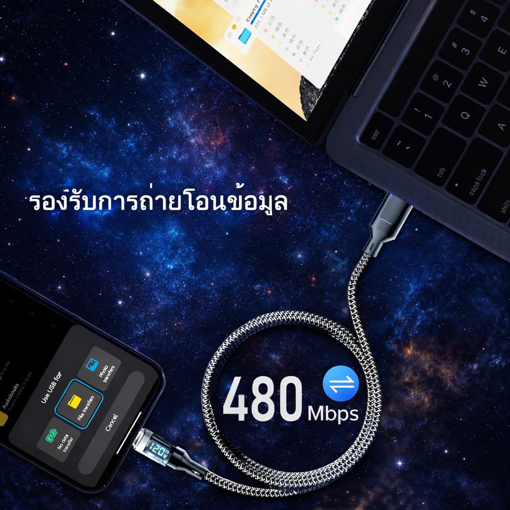 สายชาร์จเร็ว 120W สายถักมีจอ LED บอกวัตต์ ดีไซน์โปร่งใส ชาร์จไว Type-C / L 1m 2m รูปที่ 6