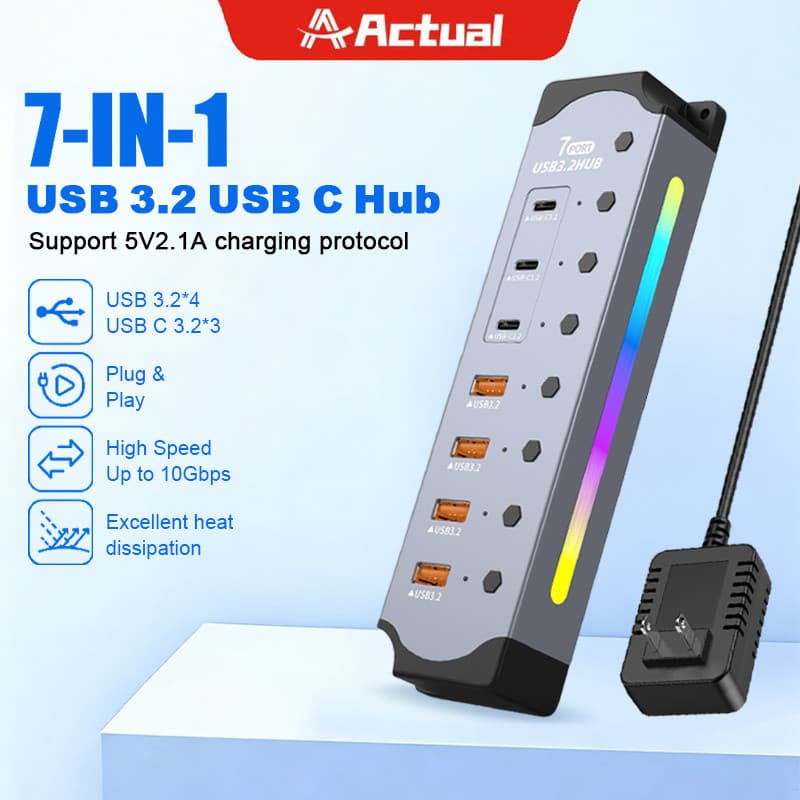 Actual USB HUB 7 พอร์ต USB 3.2 Gen2 + Type-C ความเร็ว 10Gbps มีสวิตช์แยก รองรับชาร์จและโอนข้อมูล สำหรับ Laptop/PC รูปที่ 1