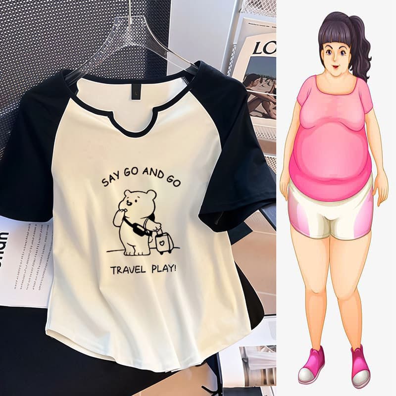 เสื้อยืดโอเวอร์ไซส์ Plus Size แขนสั้น Raglan พลัสไซส์ แฟชั่น พิมพ์ลายอเนกประสงค์ ทรงหลวม โอเวอร์ไซส์ ท็อปส์ซ รูปที่ 9