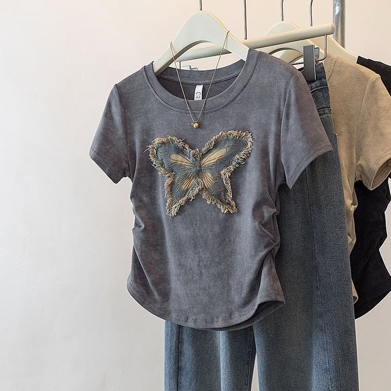 เสื้อยืดแขนสั้นลายจีบแบบเกาหลี,เสื้อยืดผู้หญิง คอกลม เข้ารูป ใส่สบาย รูปที่ 5