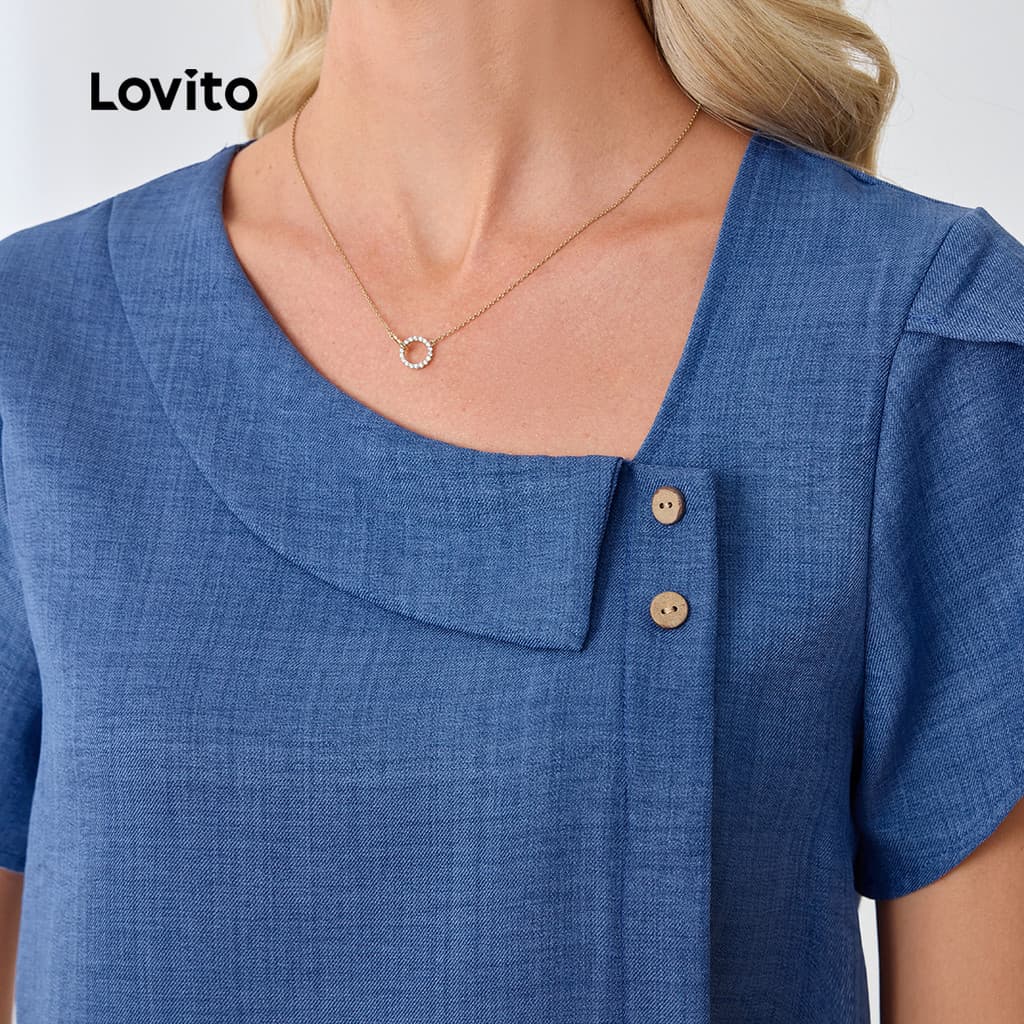Lovito เสื้อเบลาส์ผู้หญิงสีน้ําเงินแบบ กระดุมเก๋ไก๋ เหมาะสําหรับฤดูใบไม้ผลิ/ฤดูร้อน L34LD036 รูปที่ 5