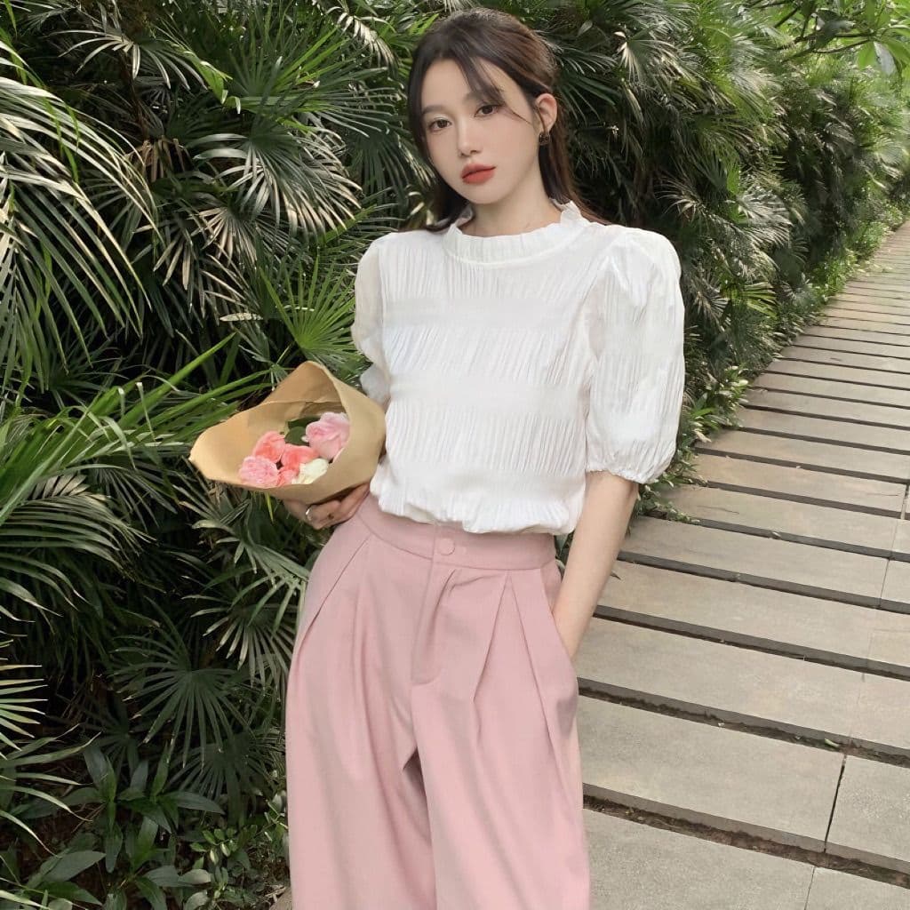 Dahong เสื้อแขนสั้นสำหรับผู้หญิงสไตล์เกาหลี ทรงหลวม แขนพอง ใส่แล้วจะดูดีขึ้นไปอีก w695 รูปที่ 4