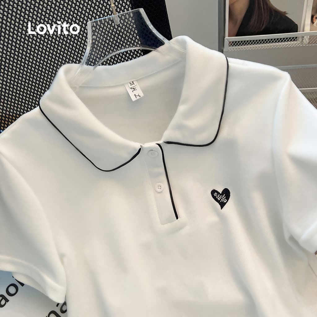 Lovito เสื้อยืดแคชชวลสีขาวสำหรับผู้หญิง ดีไซน์ตัดกัน สำหรับฤดูใบไม้ผลิ/ฤดูร้อน LNE109D004 รูปที่ 3