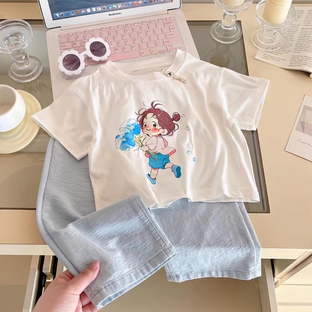 Dolemi Baby ชุดเซตเด็กหญิง ลายเด็กน่ารัก ถือดอกไม้ สีฟ้า เหลือง ชมพู เสื้อ+กางเกง 80-160CM รูปที่ 2