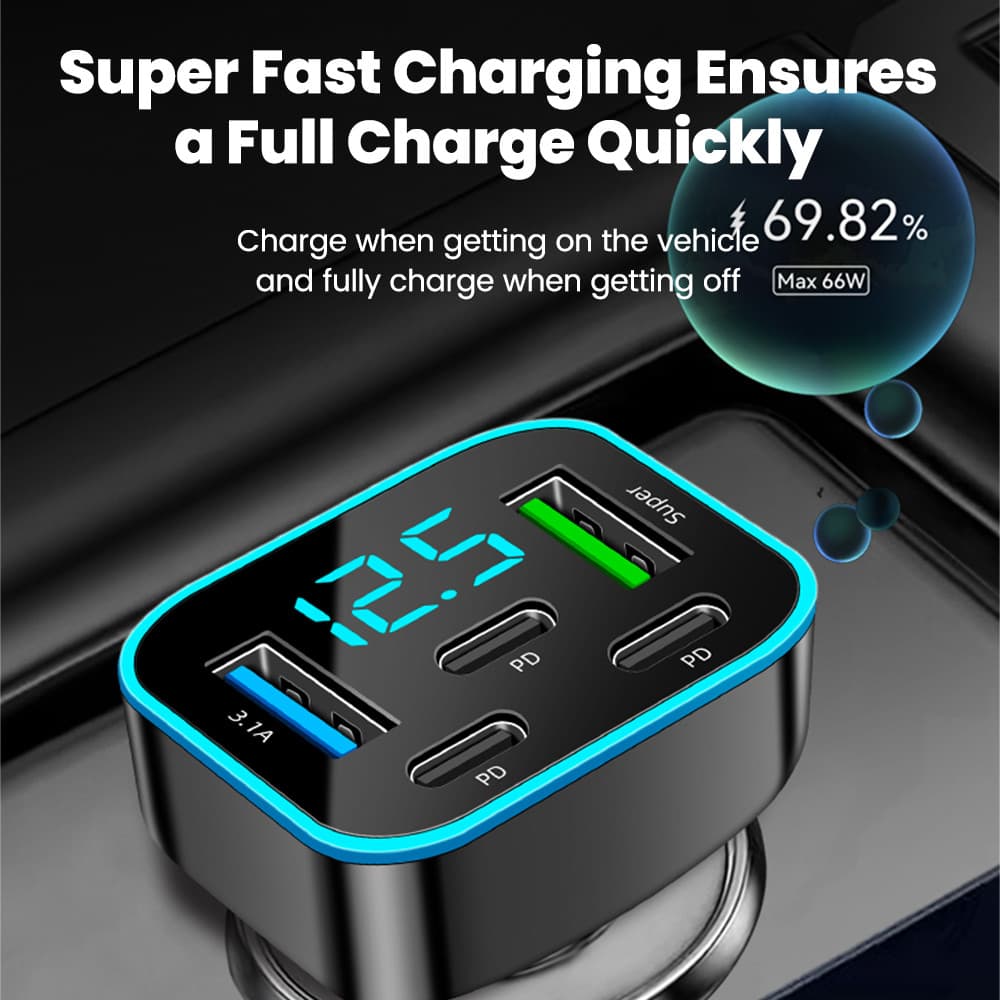 ที่ชาร์จในรถยนต์แบบ 5 พอร์ต 66W ชาร์จเร็ว 2USB 3Type C PD QC3.0 อะแดปเตอร์ชาร์จโทรศัพท์ในรถ รูปที่ 4