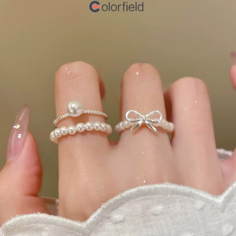 Colorfield เซต 3 ชิ้น แหวน ประดับโบว์ ประดับไข่มุก หรูหราแสง ละเอียดอ่อน ผู้หญิงที่ เครื่องประดับแฟชั่น-COD รูปที่ 4