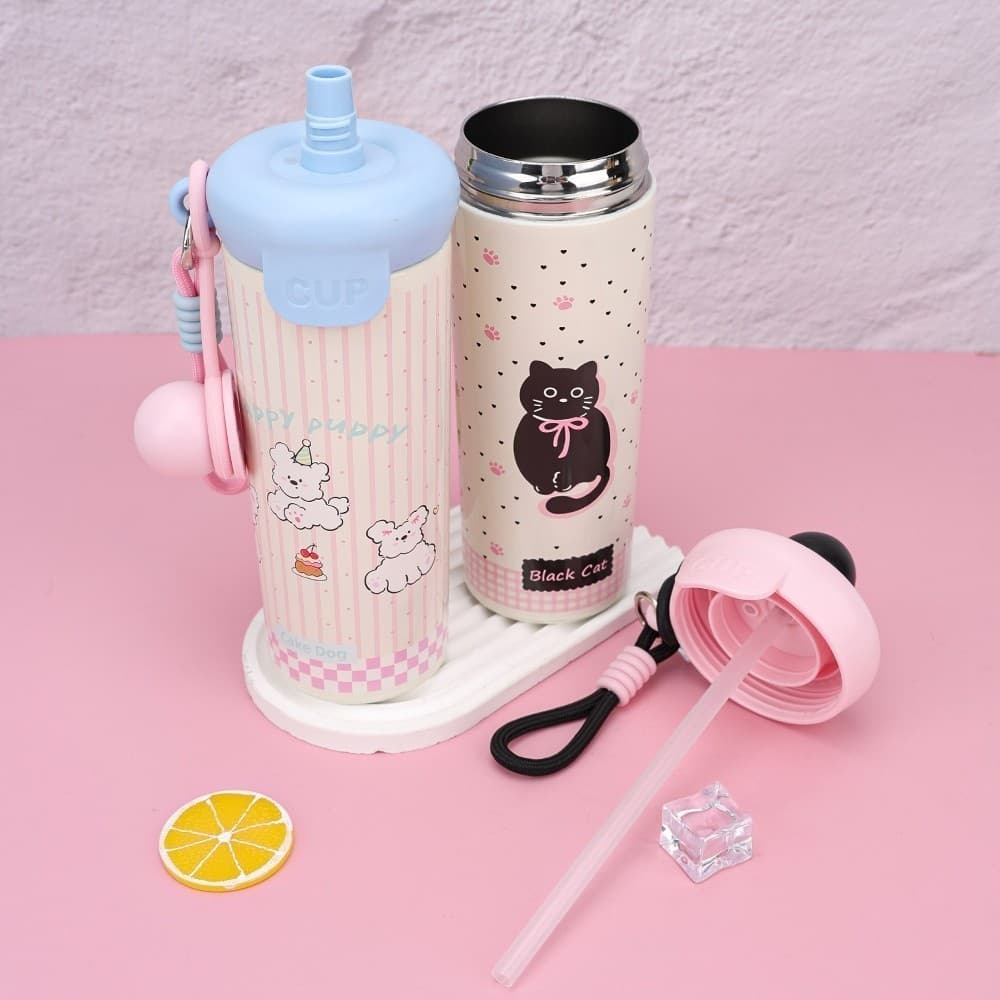 กระบอกน้ำเก็บความเย็น ถ้วยฉนวนสแตนเลส 316 การ์ตูนถ้วยกาแฟน่ารัก 600ML เชือกมือแบบพกพา ถ้วยน้ำฟาง T01310 รูปที่ 4