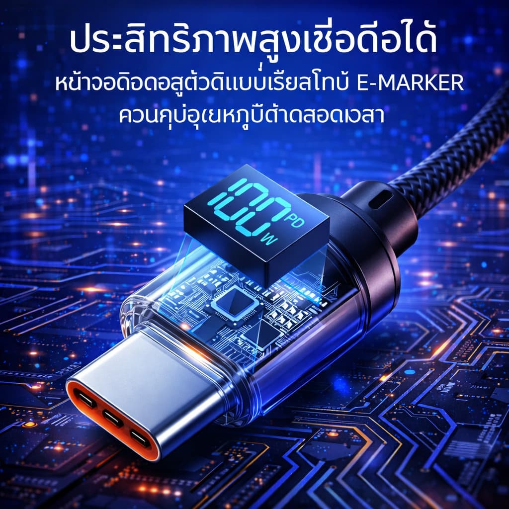 สายชาร์จเร็ว 120W สายถักมีจอ LED บอกวัตต์ ดีไซน์โปร่งใส ชาร์จไว Type-C / L 1m 2m รูปที่ 2