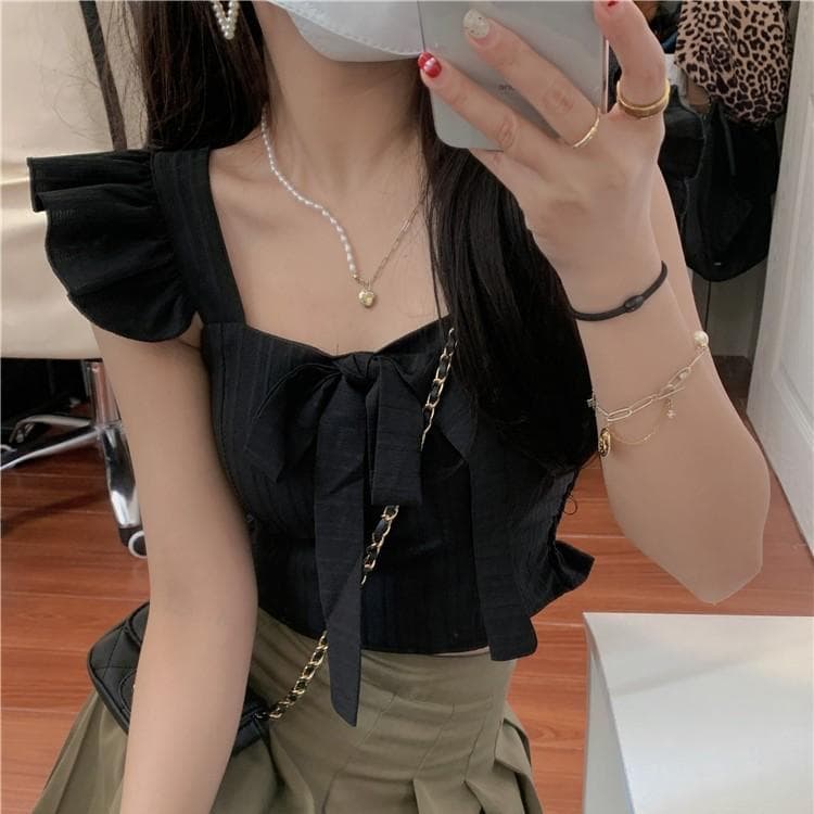 เสื้อครอปคอกลมแขนกุด แต่งโบว์ แขนระบาย คอเหลี่ยม สไตล์ฝรั่งเศส สุดน่ารัก รูปที่ 3