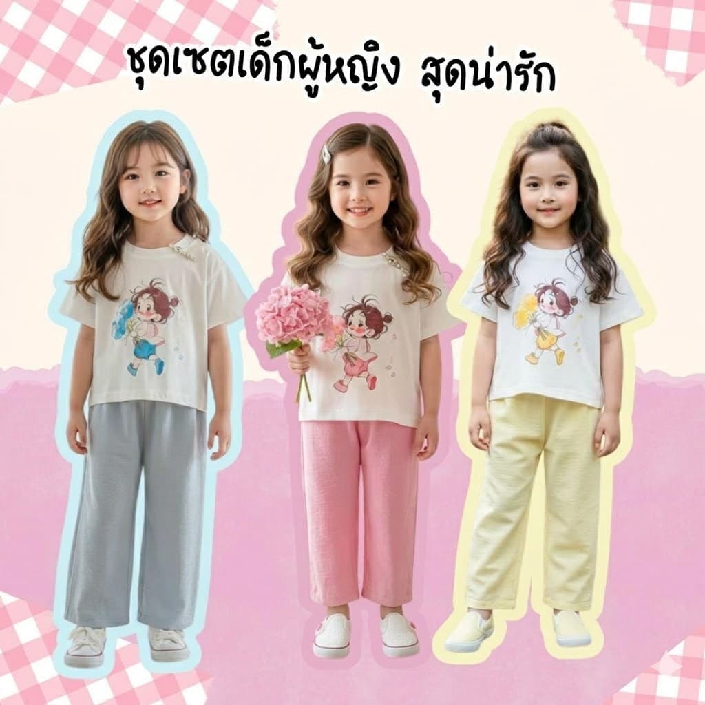 Dolemi Baby ชุดเซตเด็กหญิง ลายเด็กน่ารัก ถือดอกไม้ สีฟ้า เหลือง ชมพู เสื้อ+กางเกง 80-160CM รูปที่ 1