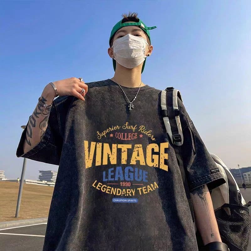 HY trendy menswear เสื้อยืดฟอก oversize เสื้อยืดชายเท่ๆ ด้านบนคอกลมผ้าฝ้ายแฟชั่นสีดำ T1285 รูปที่ 8