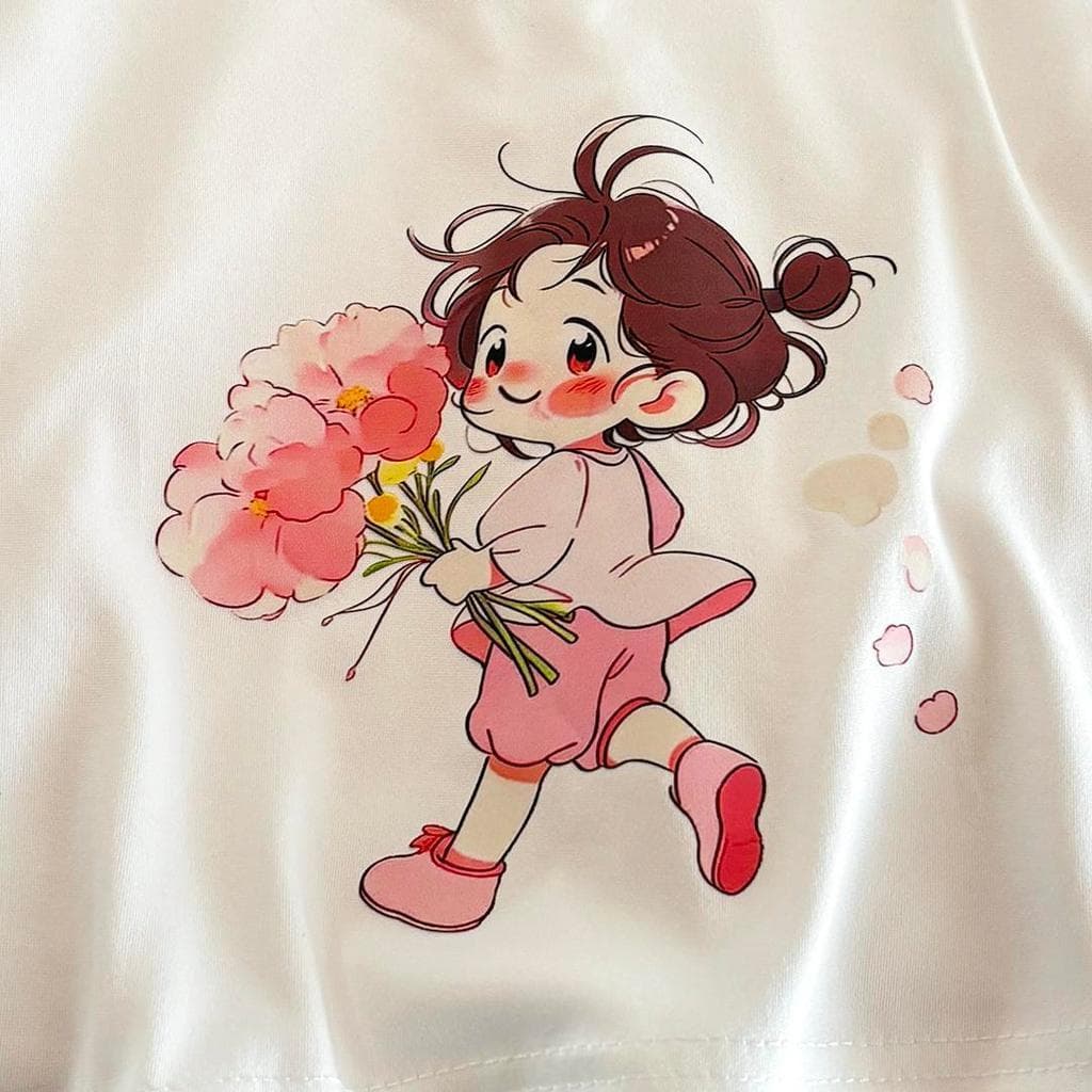 Dolemi Baby ชุดเซตเด็กหญิง ลายเด็กน่ารัก ถือดอกไม้ สีฟ้า เหลือง ชมพู เสื้อ+กางเกง 80-160CM รูปที่ 5