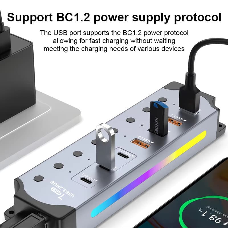 Actual USB HUB 7 พอร์ต USB 3.2 Gen2 + Type-C ความเร็ว 10Gbps มีสวิตช์แยก รองรับชาร์จและโอนข้อมูล สำหรับ Laptop/PC รูปที่ 3