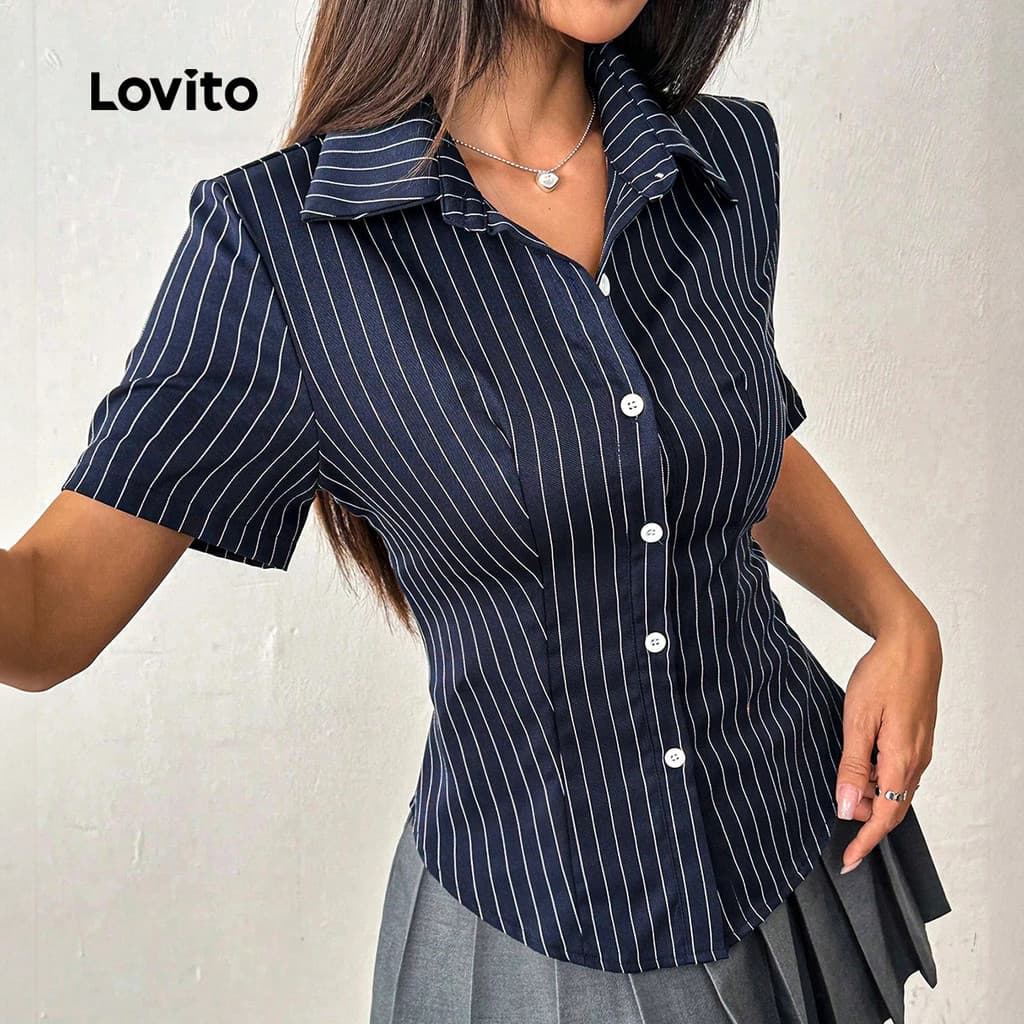 Lovito แคชชวล เสื้อลายปุ่มด้านหน้ารอบฤดูร้อน/ฤดูใบไม้ผลิเสื้อสําหรับผู้หญิง LBL23387 รูปที่ 3