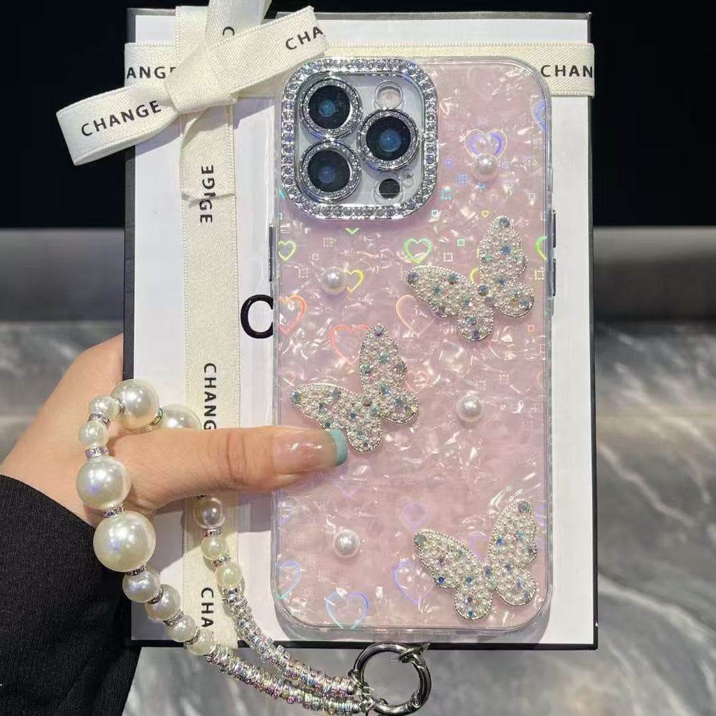 IMD Love เลเซอร์เคสโทรศัพท์สําหรับ iPhone 17 15 16 14 13 12 11 Pro Max แฟชั่น 3D Pearl Butterfly ฝาครอบป้องกัน รูปที่ 4