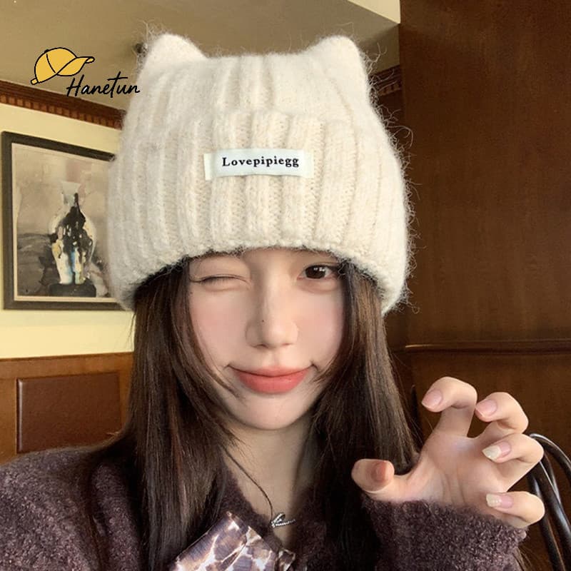 COD หมวกกันหนาวสไตล์เกาหลีสำหรับผู้หญิง ทำจากไหมพรม ดีไซน์น่ารักด้วยหูแมว รูปที่ 3